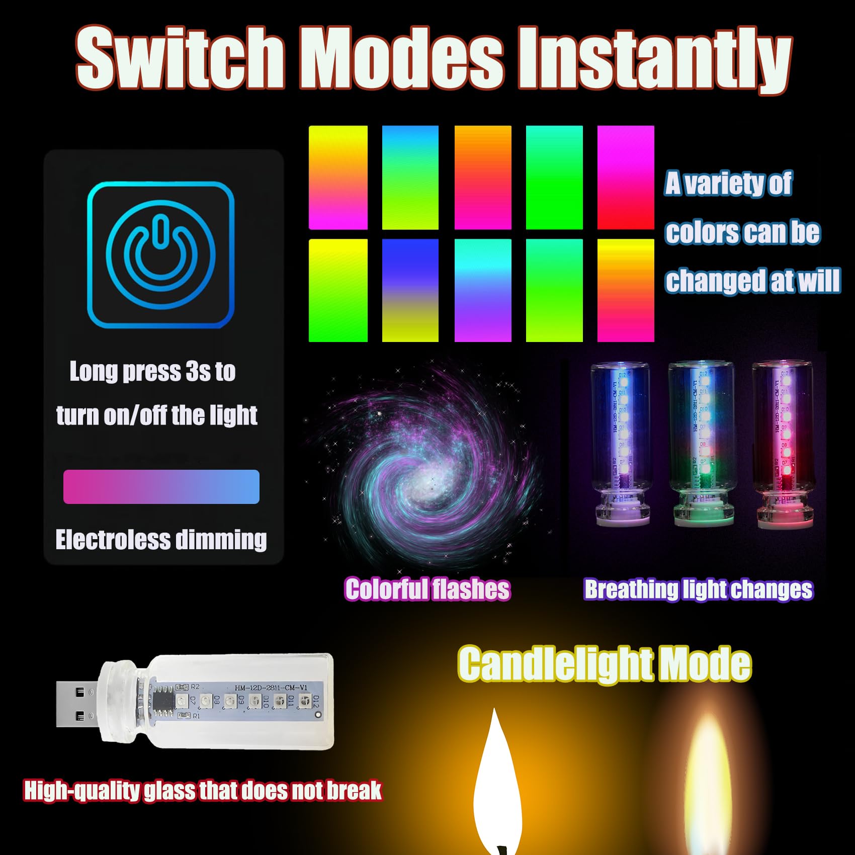 13 in 1 Car USB Night Light Touch Dimmable LED Filament Lamp, USB Interior Car Lights, 13 Modes & 7 Colors, Mini LED Bulb for Car, Camping, Party, Holiday Decoration, Bedroom, Desktop