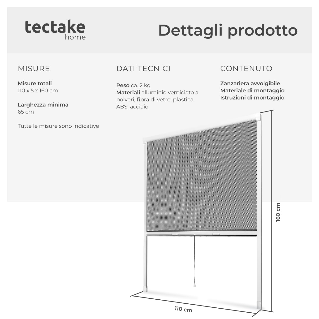 tectake® Zanzariera a Rullo Universale, Cassettone e Profili in Alluminio, Regolabile, Rete UV Resistante, Rullo Avvolgibile, Spazzolini Paraspifferi Inclusi - 110x160 cm