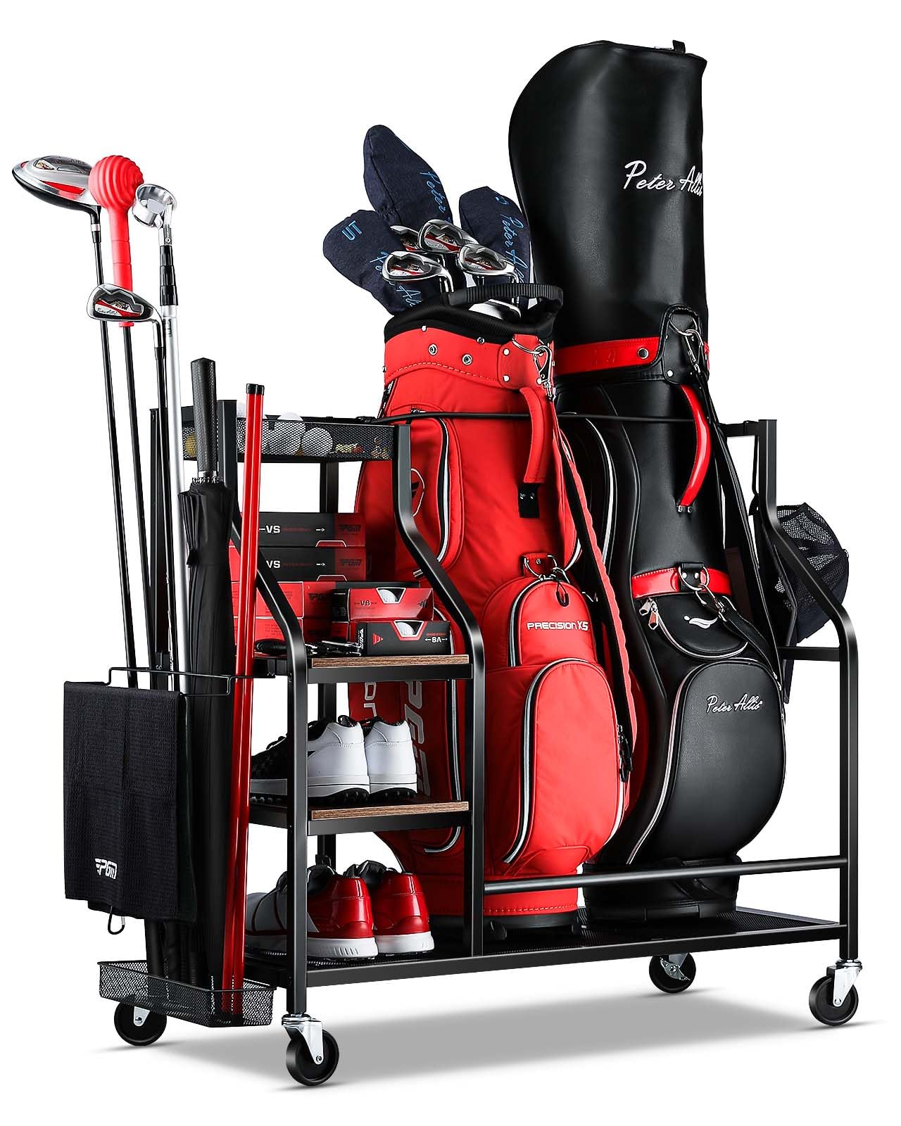 EXTCCT Golf Bags Storage Organizer- 2 Golf Bag Stand for Golf Equipment Accessories, Golf Bag Storage Rack with Wheels, Golf Club, Golf Gear Organisers