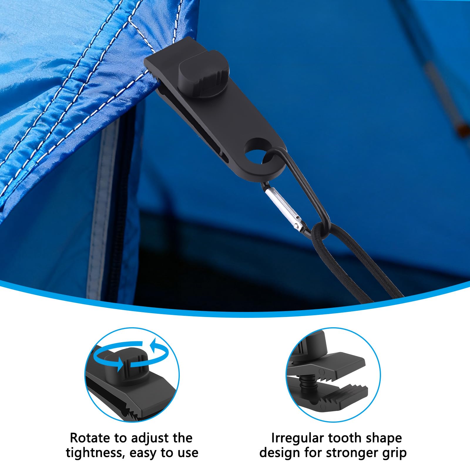 Set di Ganci per Teloni da 36 Pezzi 12 Tarp Clips + 12 Corde Elastiche + 12 Moschettoni Per Tende da Campeggio, Bivi e Teloni di Protezione · Presa Forte e Sicura