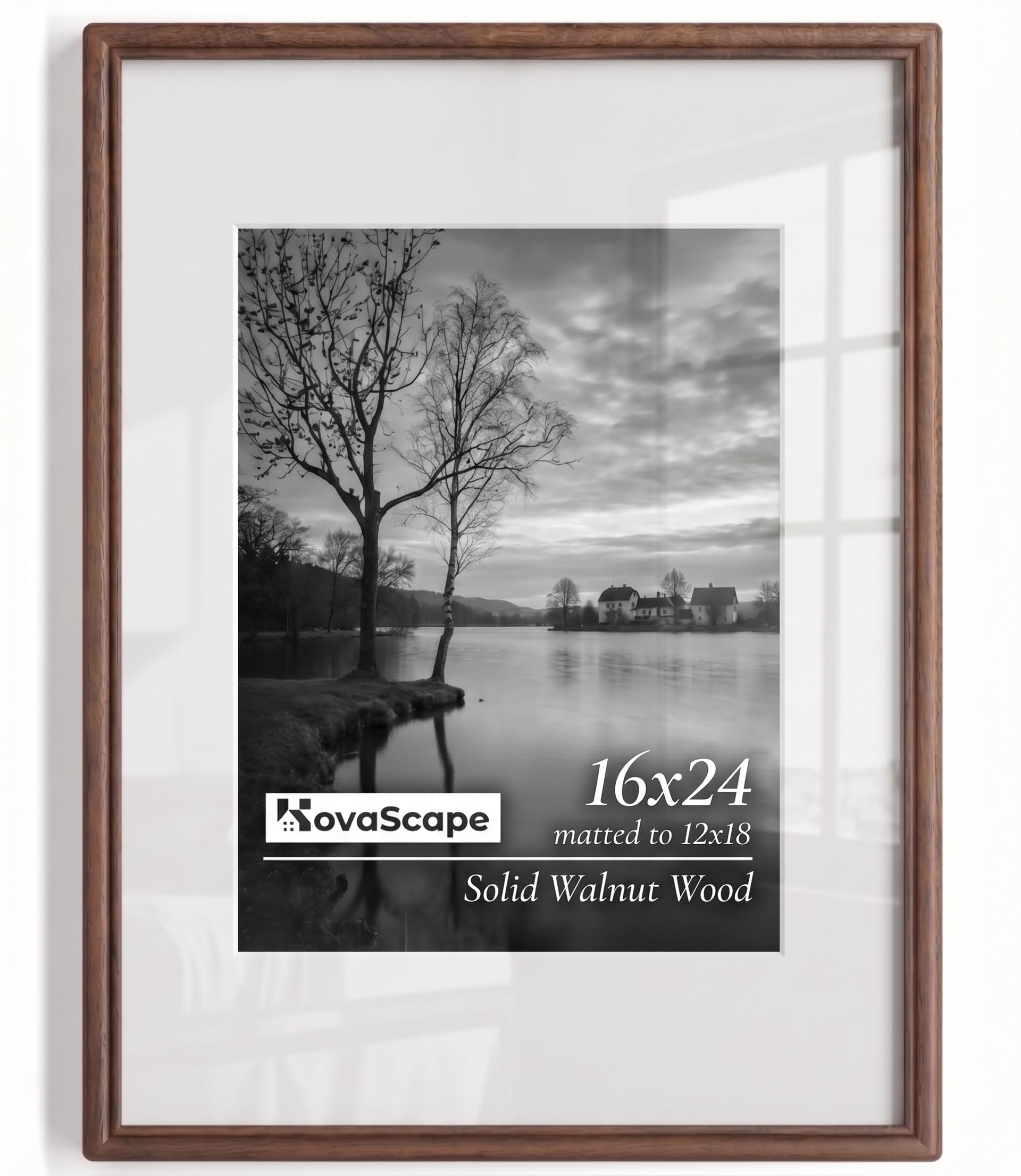 KovaScape Picture Frame, Solid Walnut Wood Frame, Double Arc Round Corner Hand Craft Poster Frame, 16x24 Matted to 12x18, 16 by 24 Frame with HD Real Glass,Wall Display,Pack of 1