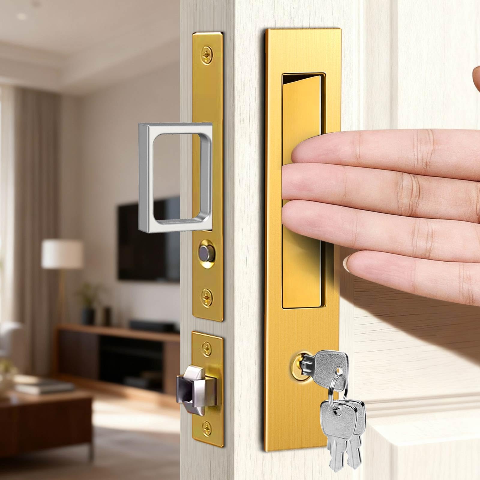 ZONXILIC Pocket Door Lock,Pocket Door Hardware with Lock,Pop-Up Sliding Door Handle for Pocket,Bedroom,Bathroom Doors,to Doors 1 5/12" to 2 2/8" Thick (Gold-Key)