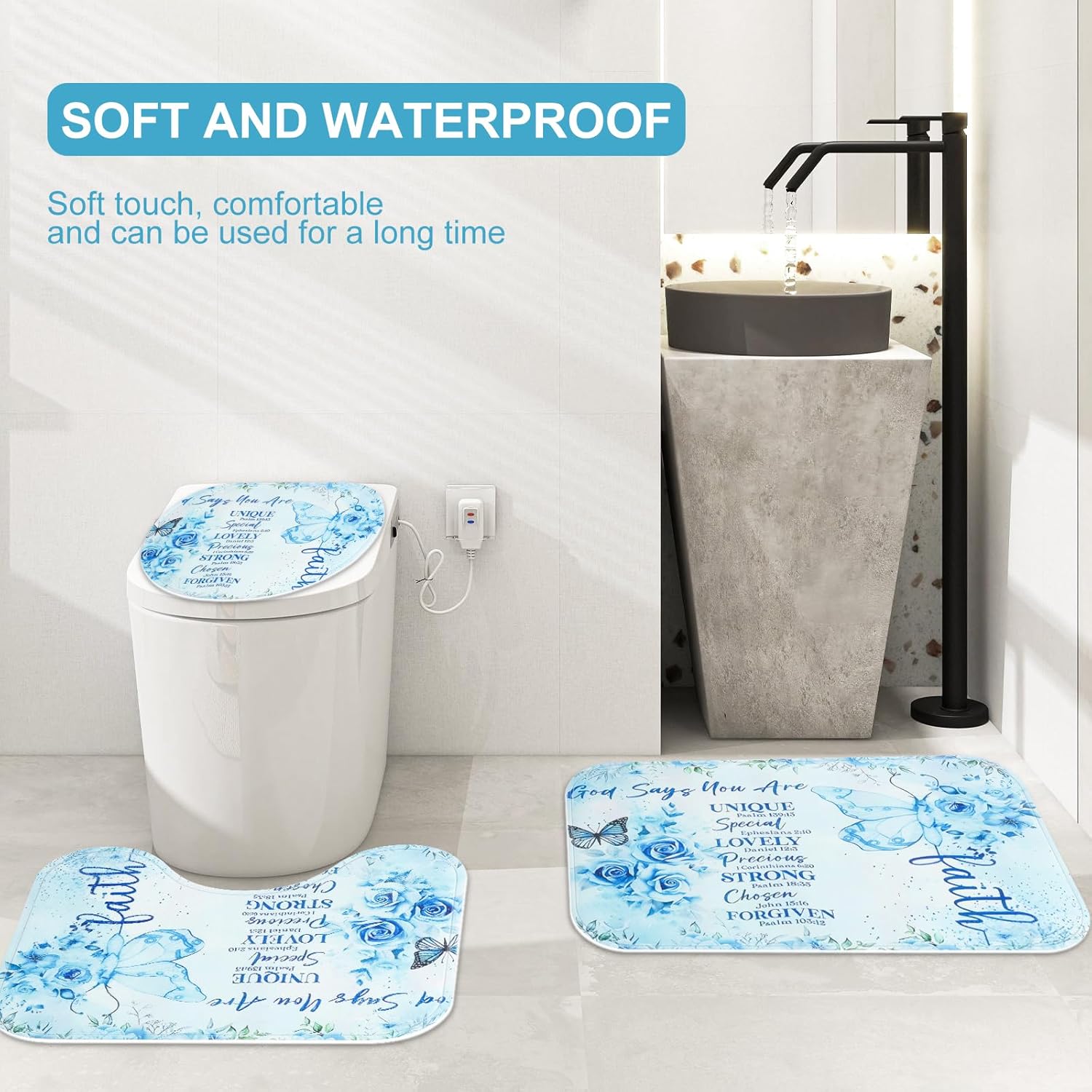 4Pcs Shower Curtain Set Waterproof Bath Curtain Set NonSlip Rug Toilet Lid Cover Butterfly Print Bathroom Washable Fabric Shower Curtains with Hooks Curtain Set Anti Slip Bottom for Bathroom (blue)
