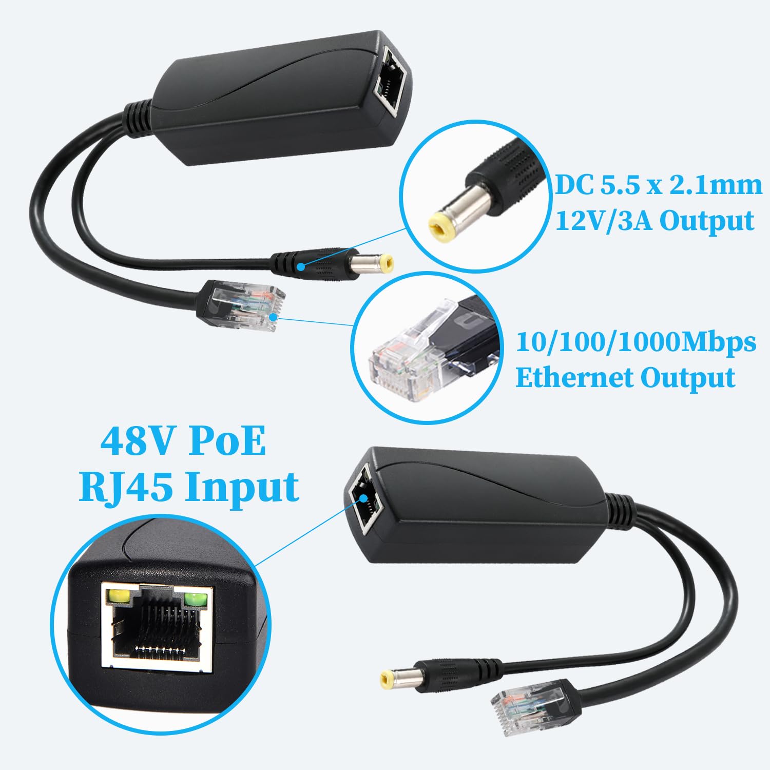2.5G PoE Splitter 36W 12V/3A, Connettore DC 5.5 * 2.1mm, Conversione da PoE a Uscita DC 12V/3A, 2.5Gbps Ethernet conforme a IEEE802.3bt, plug and play (PS5712BG)