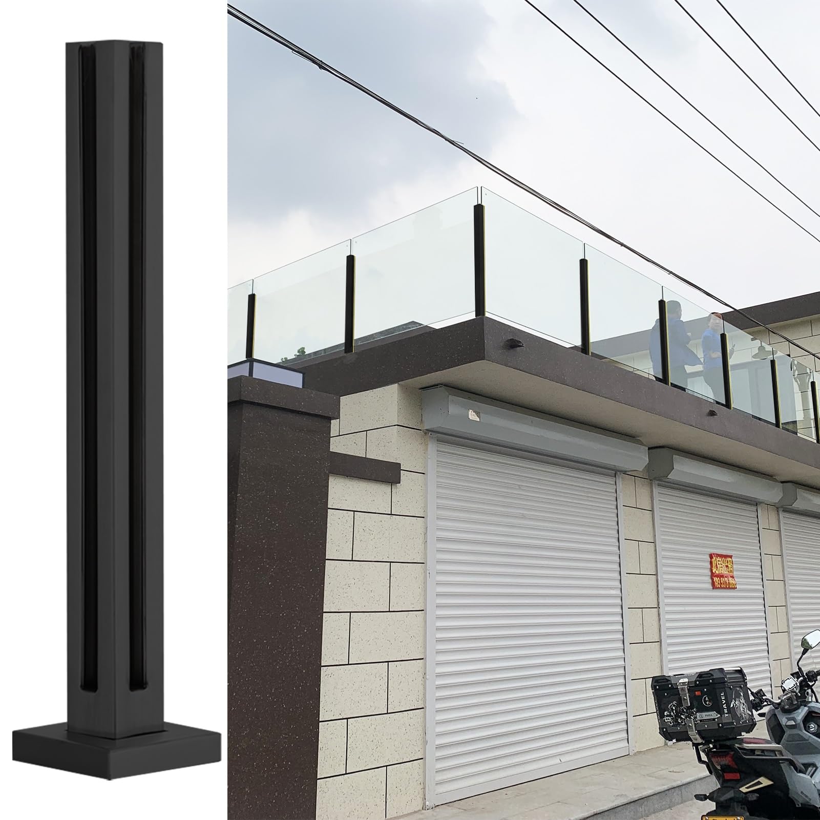 Poteaux de garde-corps en verre noir : fixations robustes contre le vent et la rouille