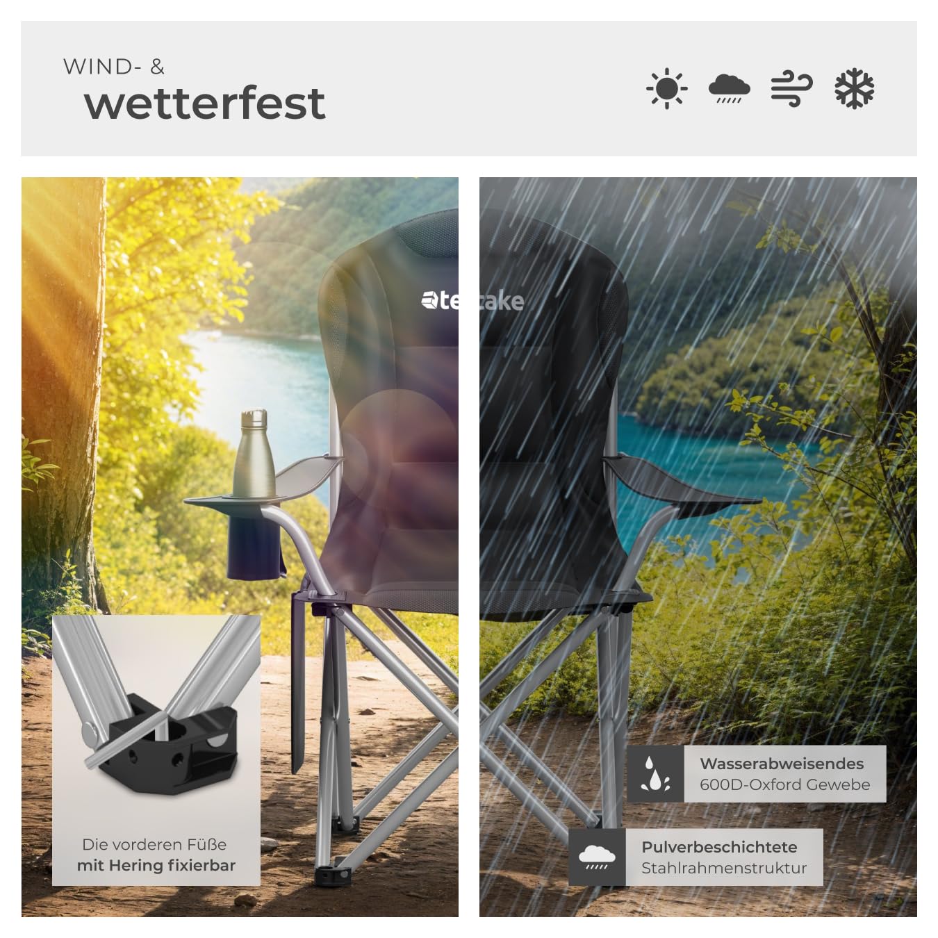 tectake® Campingstuhl faltbar, Stuhl mit Armlehne, Gartenstuhl klappbar, Klappstuhl Camping Gadgets oder Angelzubehör, Outdoor Sessel mit Getränkehalter für Campingküche, als Balkonstuhl