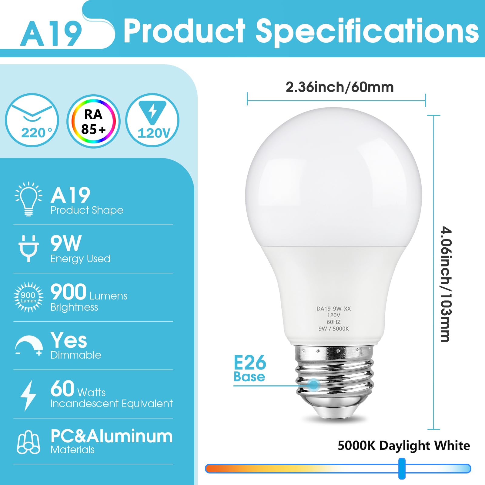 A19 LED Light Bulb Dimmable 60 Watt Equivalent LED Bulbs Daylight White 5000K 900 Lumen E26 Base 9W — view 5