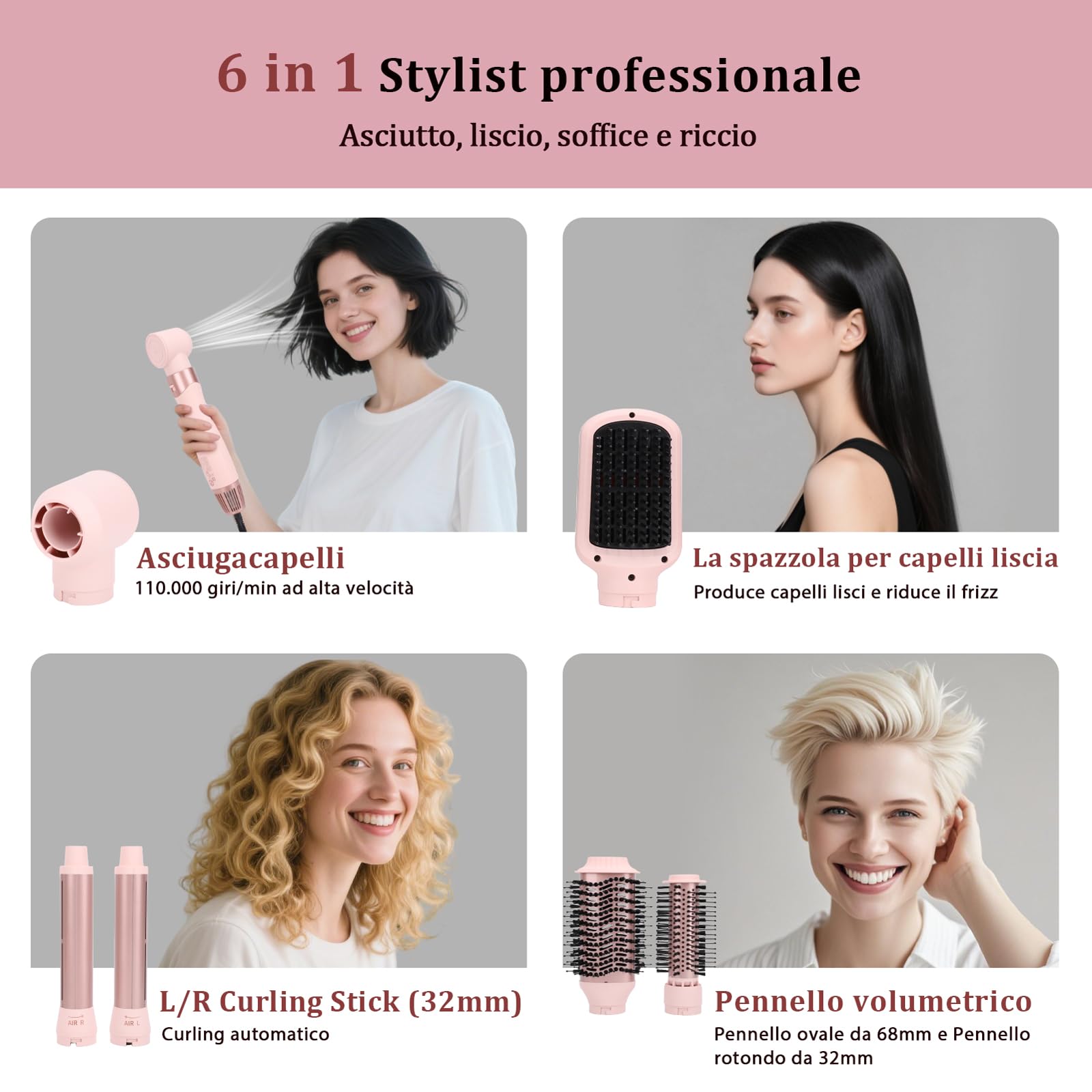 6 In 1 Multistyler & Airstyler con Ionica, Arricciacapelli Coanda | Multistyler(Asciugacapelli/Spazzola ad Aria Calda/Spazzola Lisciante/Arricciacapelli), 1200W, inclusa custodia da viaggio