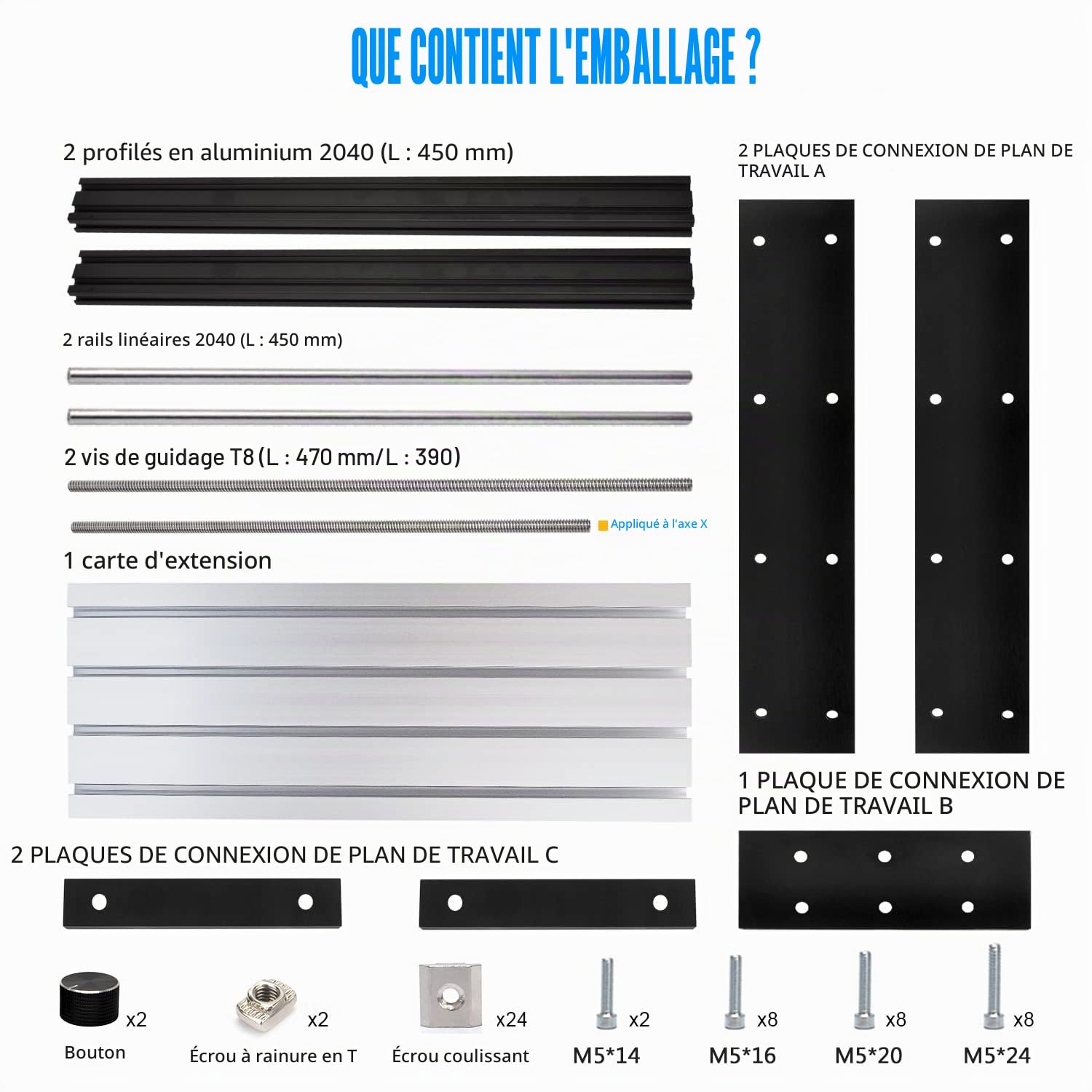 Kit de mise à niveau CNC Daedalus 3018, pour mise à niveau de l'axe X et extension de l'axe Y avec panneau de travail