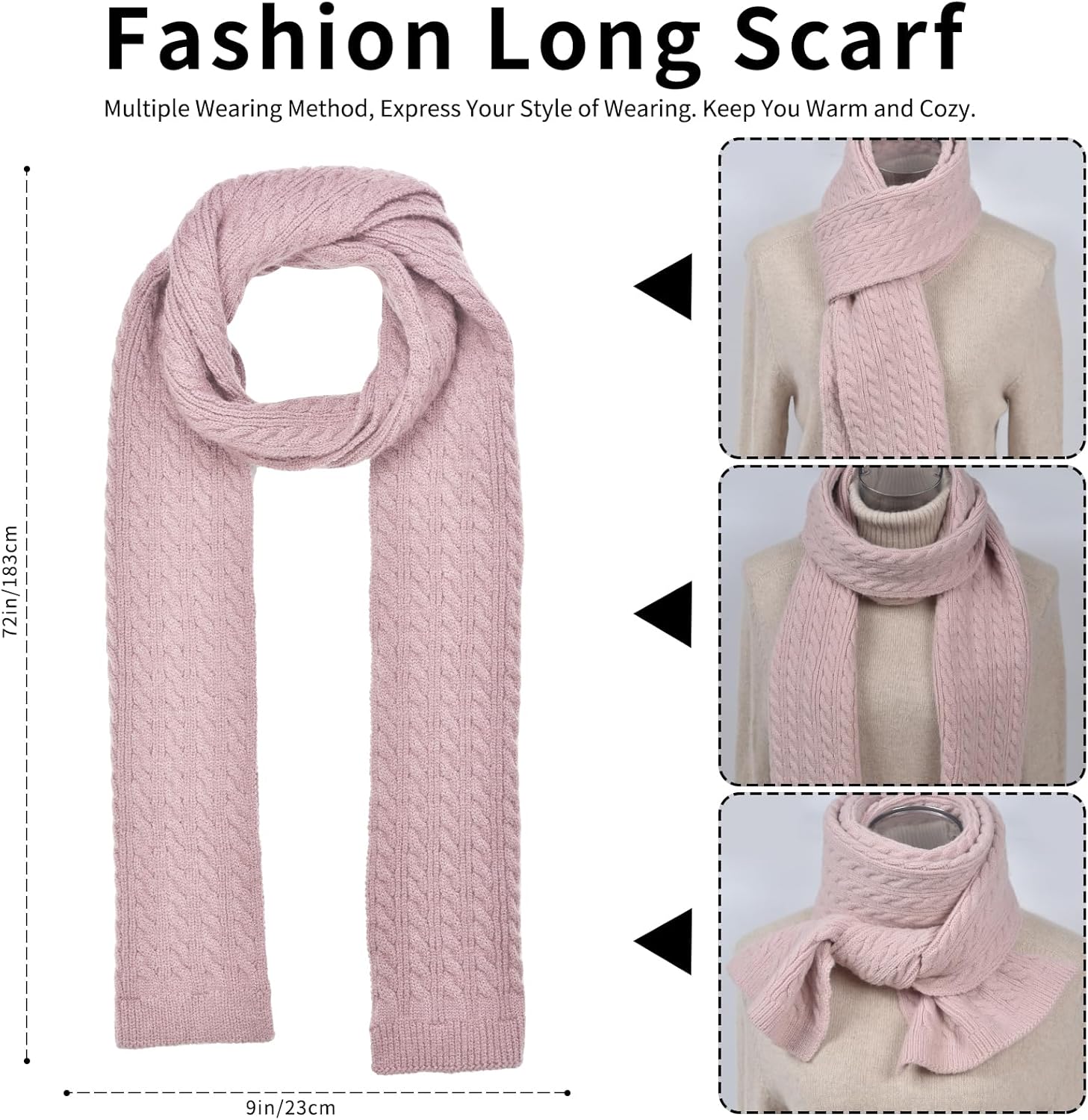 Winter Hat Scarf Gloves Set for Women, Classic Cable Beanie with Removable Pom Pom Long Scarf Touchscreen Gloves 3 in 1 Set - Image 5