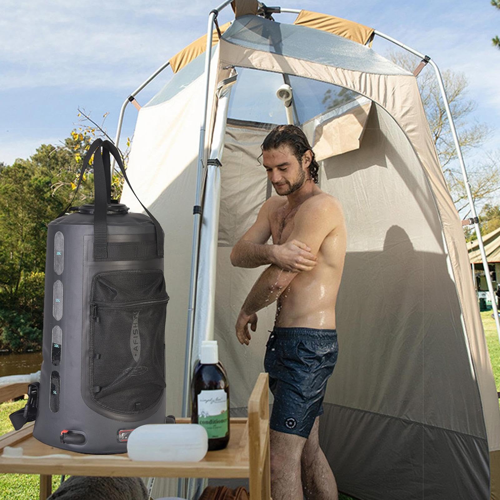 Tragbare Duschtasche – solarbetriebene Dusch-Wasserbeutel mit Schlauch, Schultertrage, Camping-Ausrüstung mit Netztasche für Wandern, Reisen, | Schultertrage, Camping-Ausrüstung mit Netztasche für Wandern, Reisen,