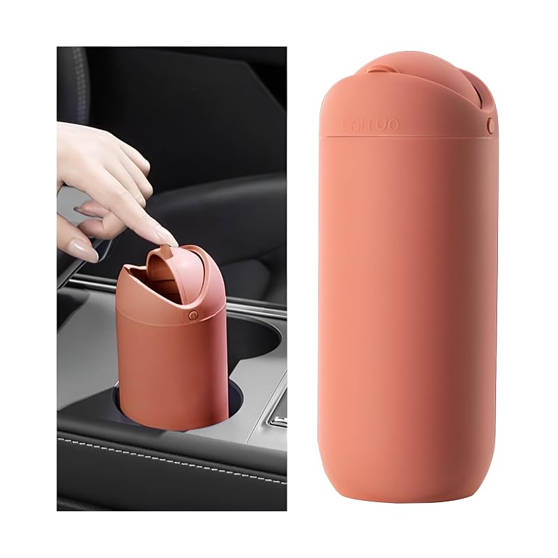 Lixeira automotiva com tampa em silicone para porta-copos, mini lixeira redonda portátil, laranja KHGUZ