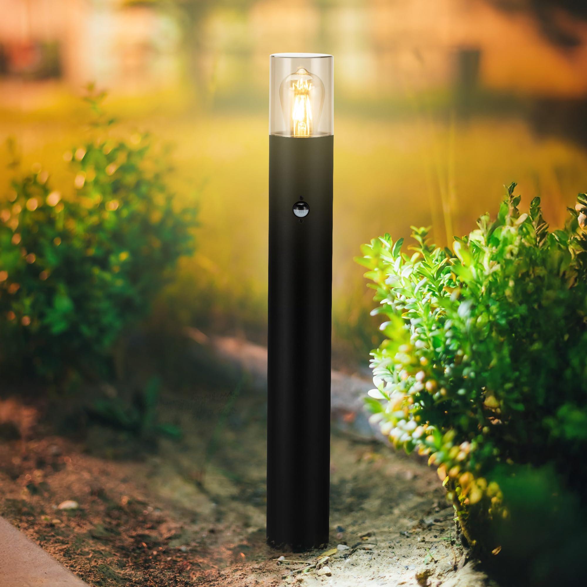 Paletto Luce da Giardino Esterno per Sentieri e Vialetti IP54 Palo Lampada da Terra Esterno 50 cm Illuminazione Esterna Base E27 Lampadina non Inclusa (con sensore di movimento)