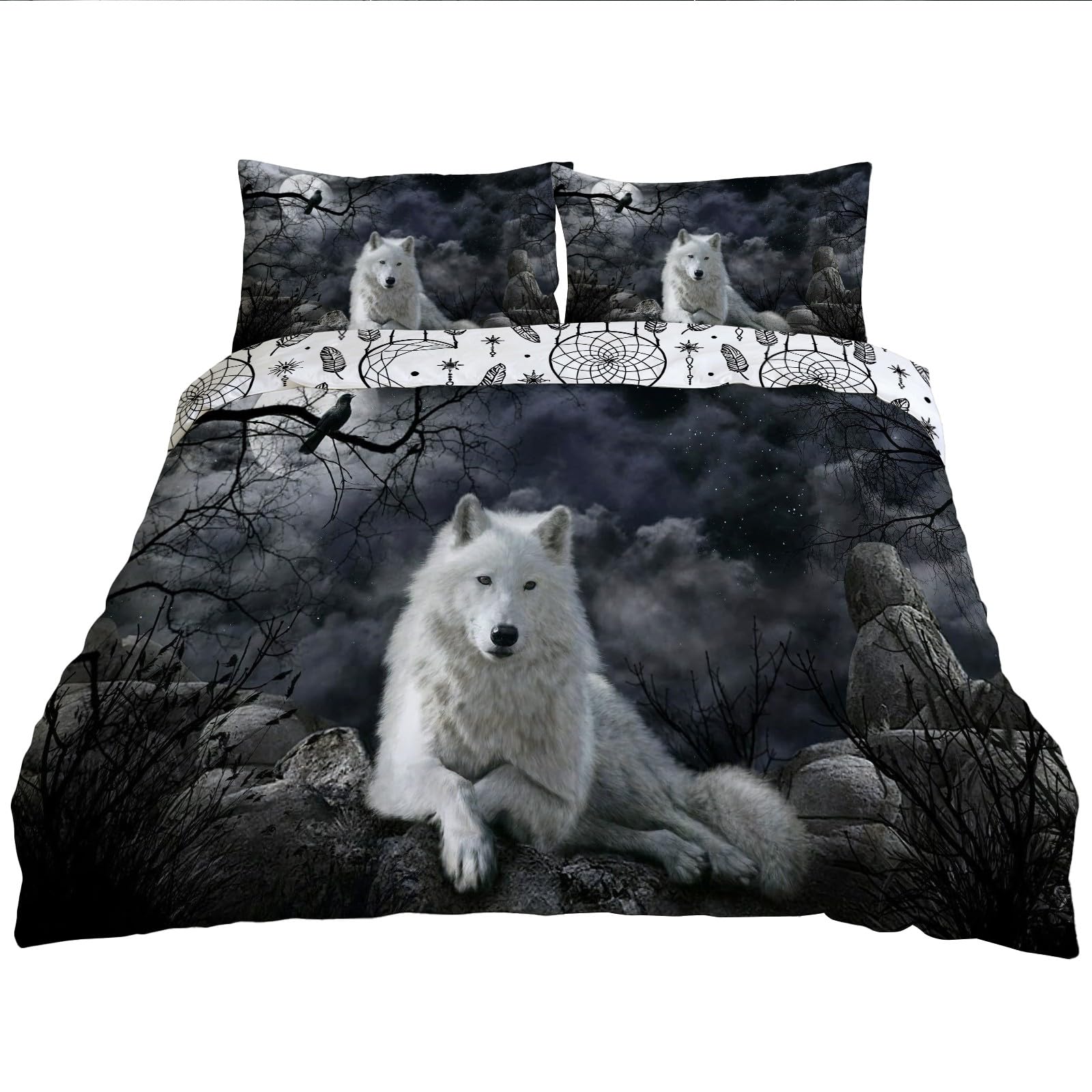 Housse de Couette Loup Blanc 200x200 cm Super Douce et Respirante avec Zip Invisible
