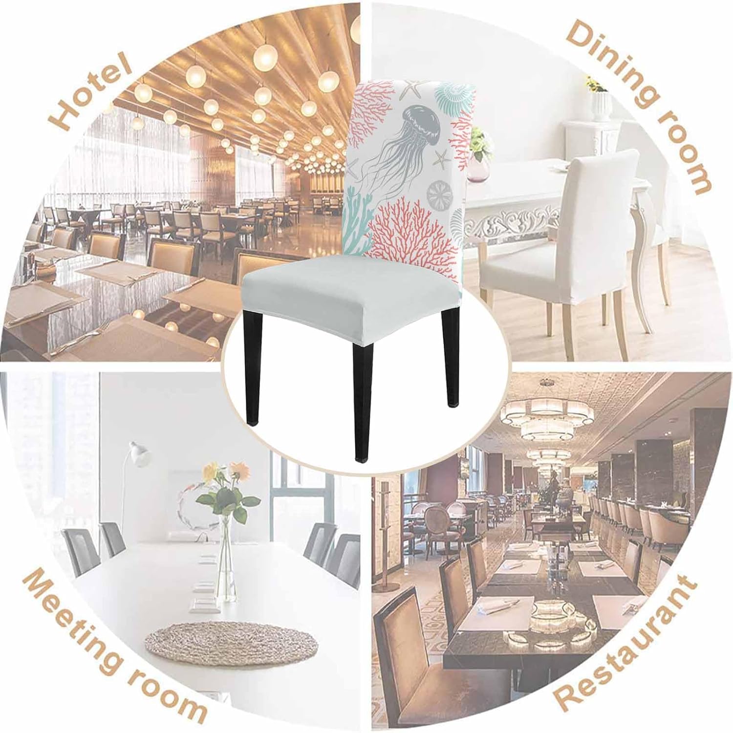 Coral Turquoise Dining Chair Cover Set of 6,Coastal Grey Jellyfish Starfish Ocean Stretch Chair Protectors Slipcover,Spandex Kitchen Chair Seat Back Cushion Slip Cover for Dining Room,Party,Hotel