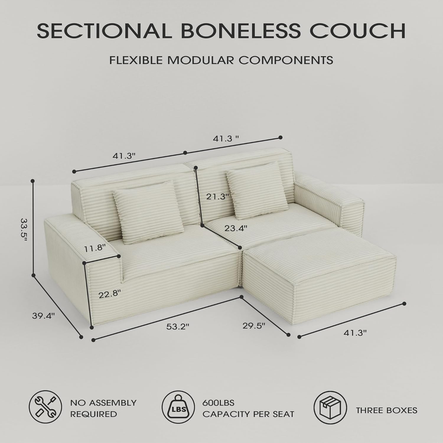 106" Boneless Cloud Sectional Couch for Living Room, Modular L-Shape Sofa in a Box, High-Density Memory Foam, No Assembly (Beige)