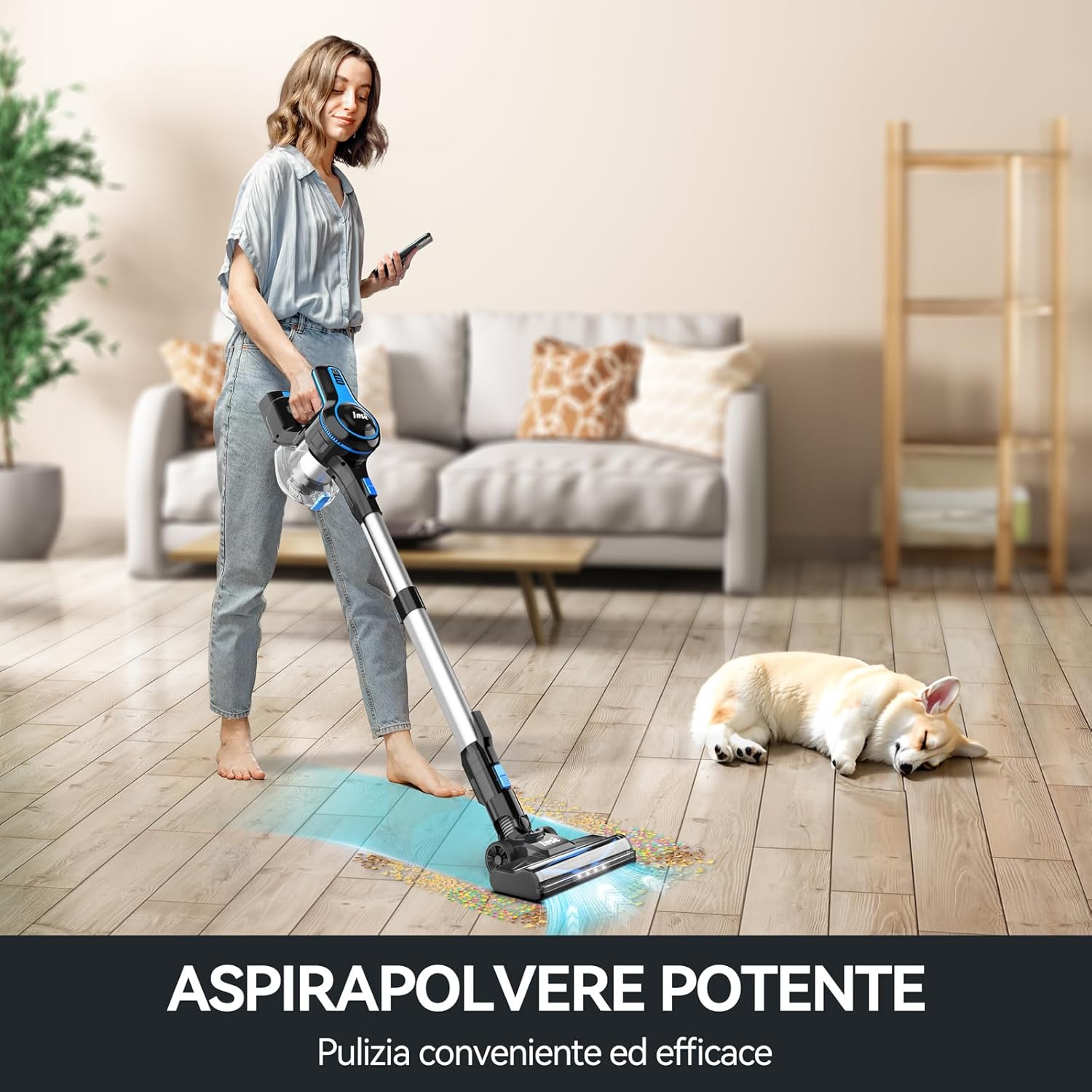 Woman using INSE Cordless Vacuum Cleaner on a wooden floor