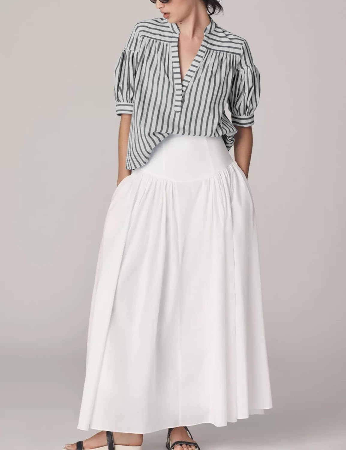 Womens Summer Pleated V Neck T Shirts Short Sleeve Casual Loose Blouses Striped Tunics Swing Top - Image 2