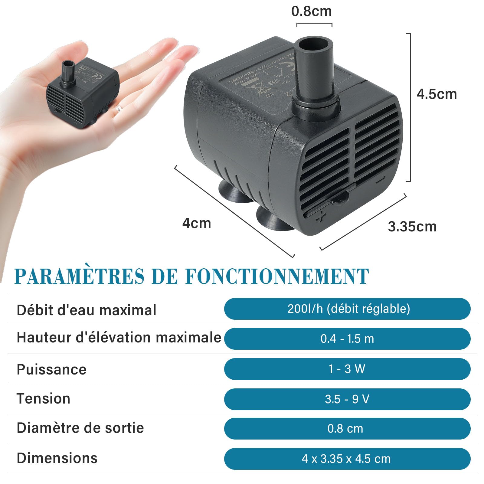 Mini Pompe a eau (200L/H Réglable, 1-3W) Ultra Silencieuse Pompe Aquarium avec 1,5 m USB-câble, Pompe Fontaine a eau chat pour Aquarium, Hydroponique, Étang Fontaine