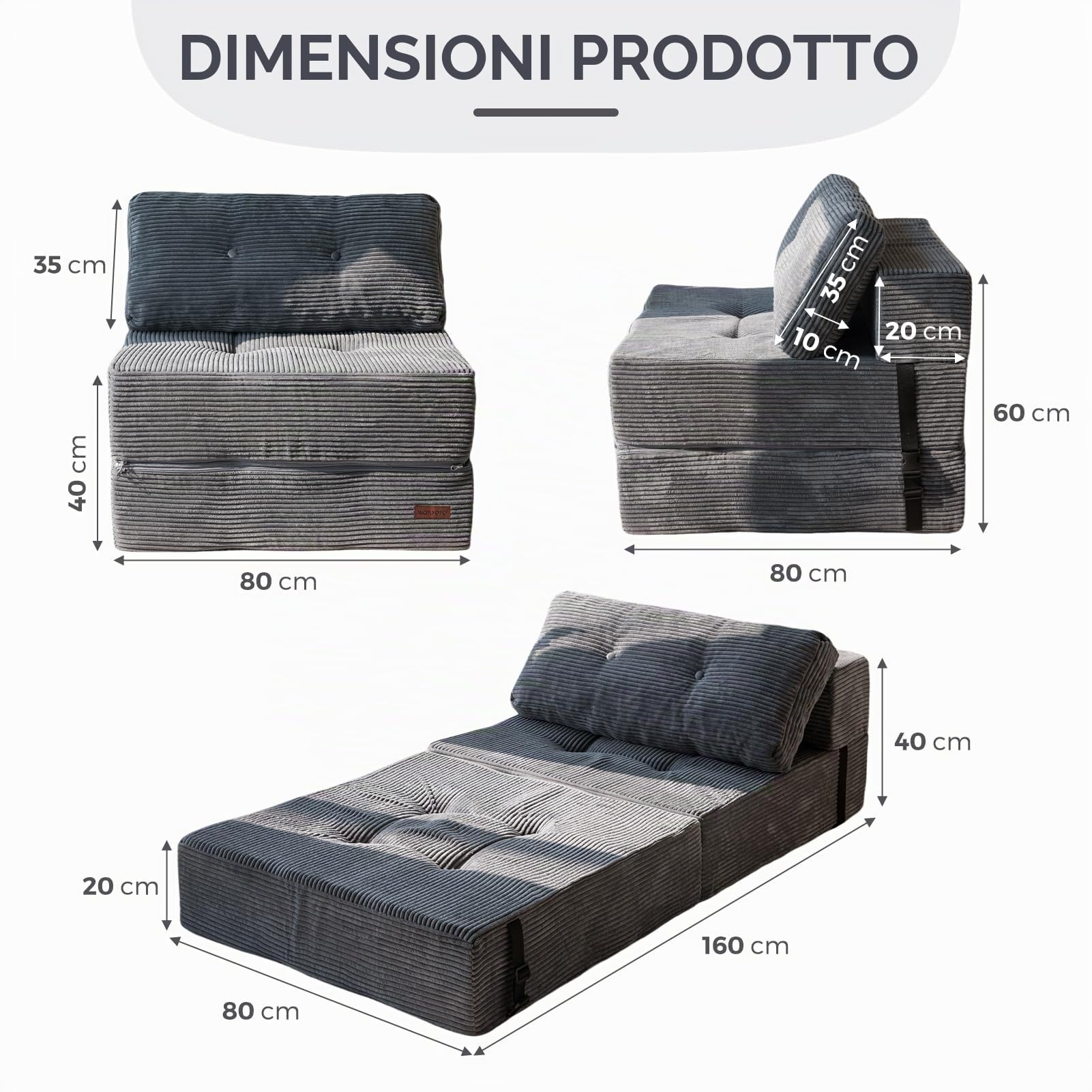 MAXYOYO Divano pieghevole con funzione di sonno, divano letto convertibile con schiuma di supporto ad alta densità, sedia pieghevole portatile 4 in 1 che si trasforma in un lettino da pavimento