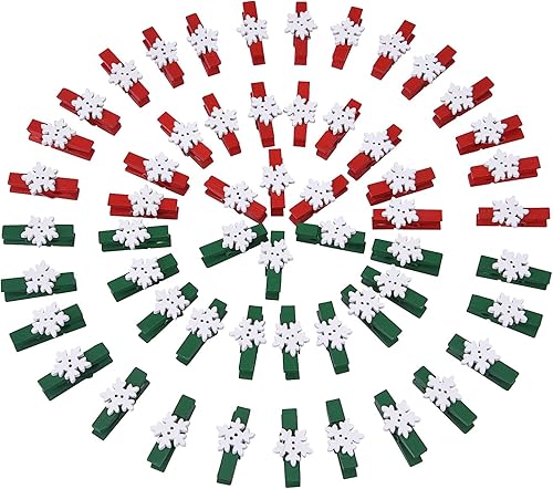 Clips de Navidad, 100 pinzas de madera de copo de nieve, pinzas rojas y verdes para decoraciones de fiesta de Navidad