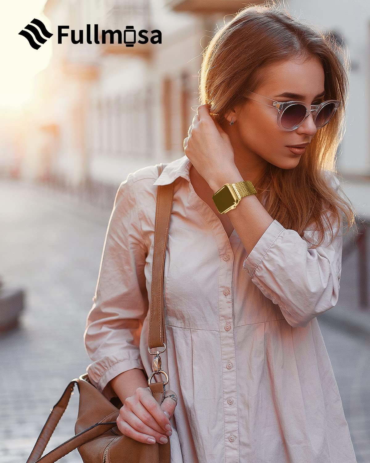 Fullmosa Compatible Metal Mesh Apple Watch Band 44mm/45mm/42mm Gold with Case & Compatible Leather Apple Watch Band 44mm/45mm/42mm,Black+Rose Gold