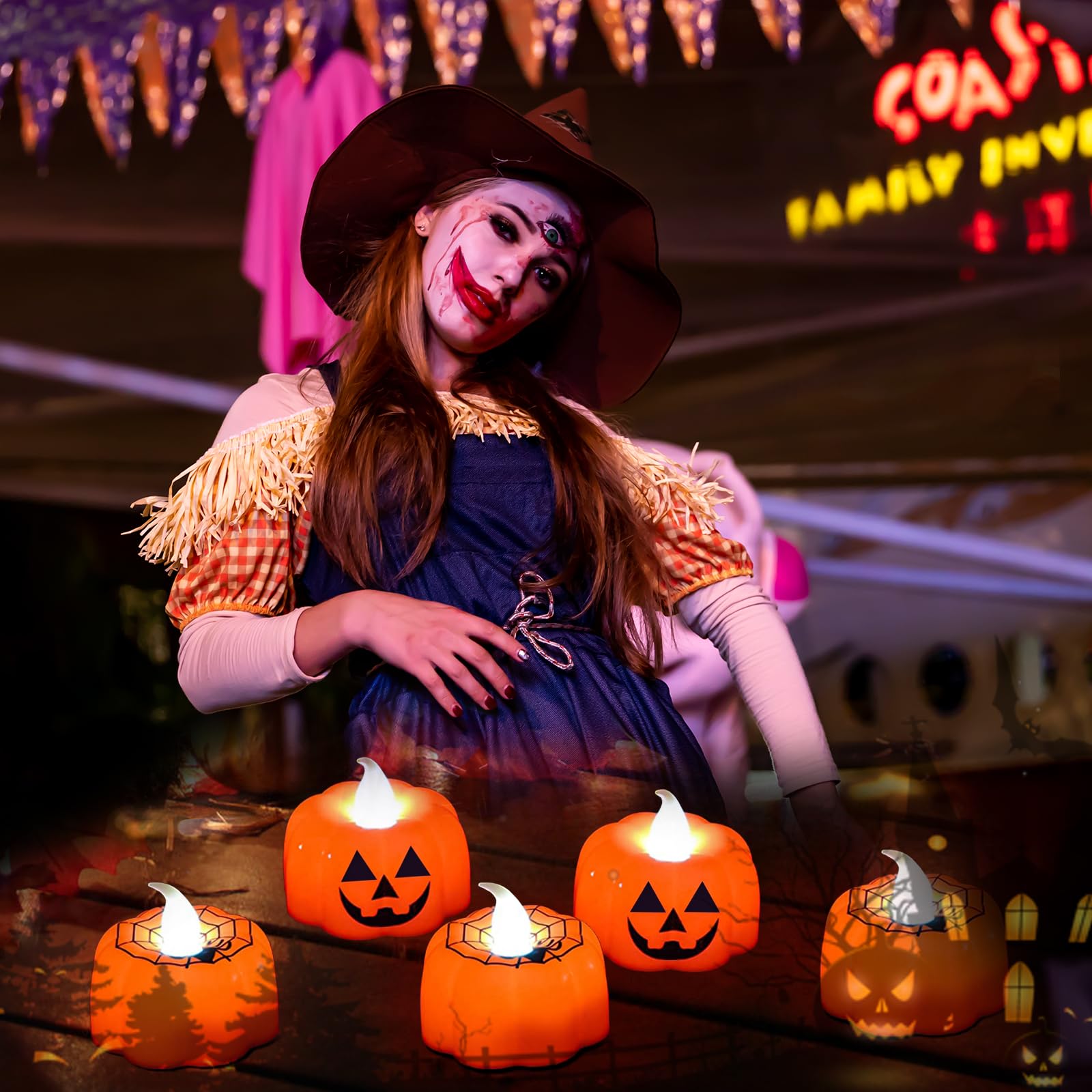 12 Bougies Citrouille LED Halloween – Flamme Scintillante – Déco De Table Sûre Sans Flamme