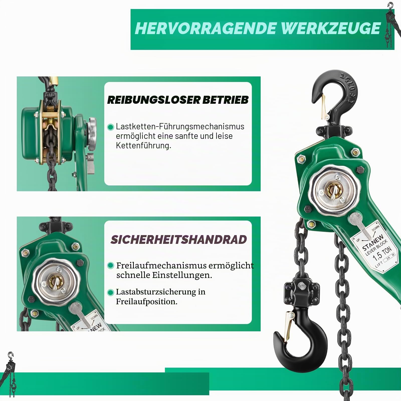 STANEW Hebelzug Kettenzug 1.5t, Hubhöhe bis 2,8m, Kette aus robustem Carbonstahl G80, mit 360° drehbarer Haken