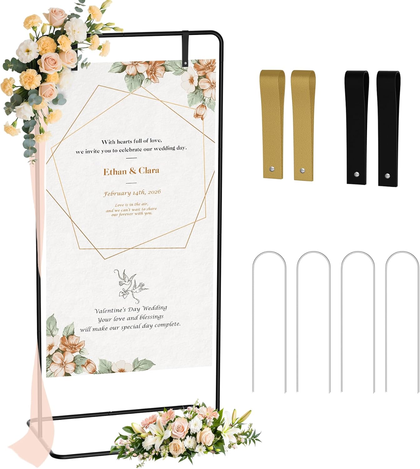 Babenest Welcome Sign Stand, Black Adjustable Metal Linen Sign Holder with 4 Ground Stakes & 2 Leather Straps, Wedding Banners & Posters for Baby Bridal Valentine Standing Display (Without signs)