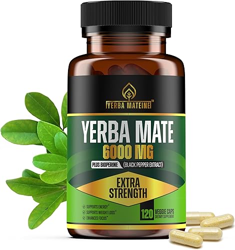 Yerba Mate extra fuerte de 6000 mg de alta potencia, 60 mg de cafeína por cápsula, píldoras de extracto de suplementos para energía natural limpia, disponible en Yaxa Peru