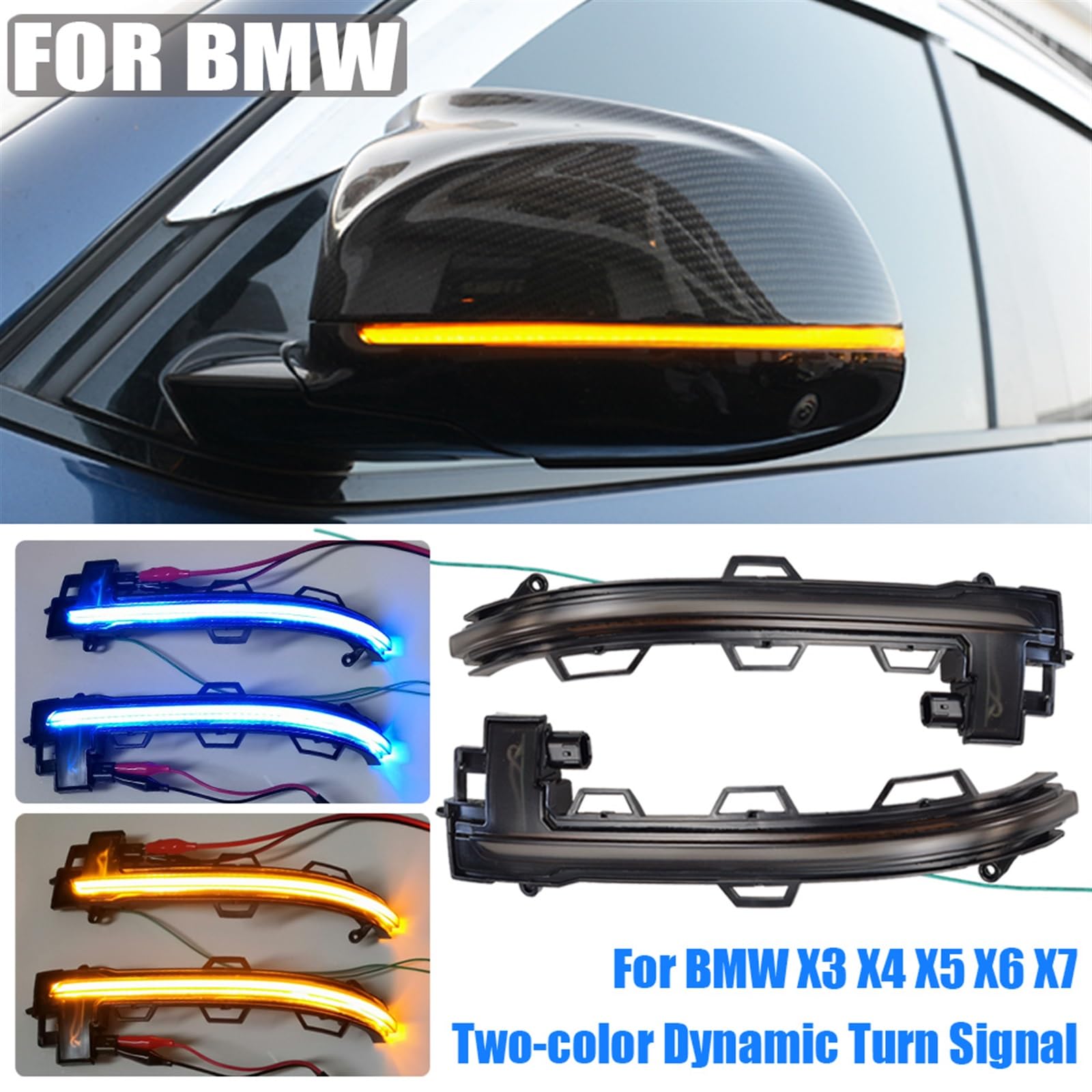 Boczne lusterko wsteczne samochodu LED dynamiczny kierunkowskaz migacz, dla BMW, X3 G01 2018 2019 X4 G02 X5 G05 X6 G06 X7 G07 2020 dynamiczne kierunkowskazy(Blue-yellow)