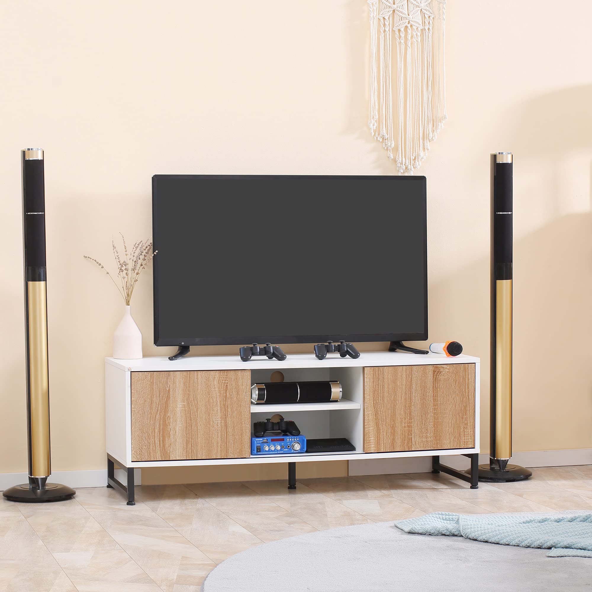 HOMCOM Mobile TV per Modelli fino a 50" max, Mobile TV Moderno in Truciolato e Acciaio con 2 Ripiani Aperti e 2 Armadietti Chiusi, 120x39.5x45 cm