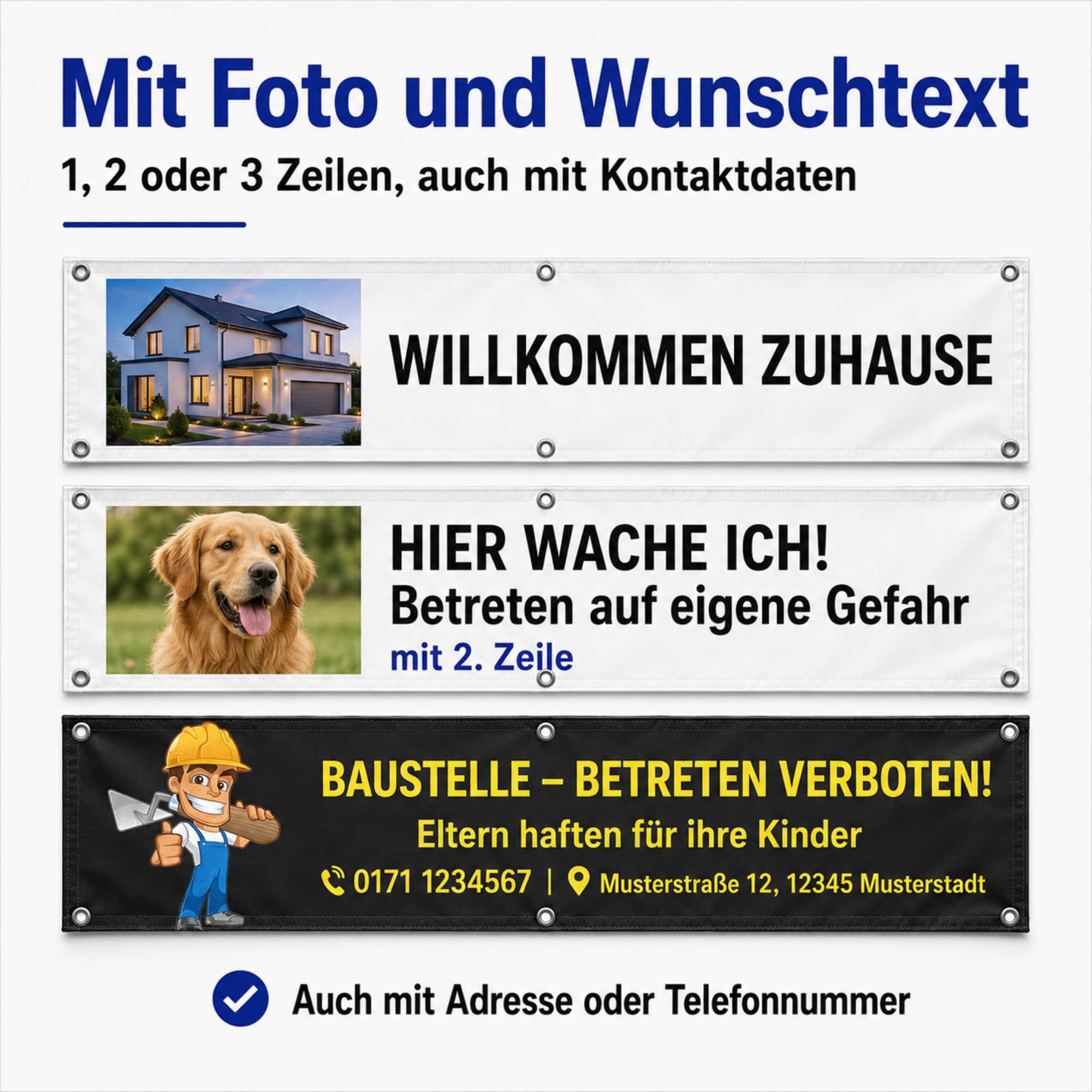 Indigos UG - Banner selbst gestalten - Plane Wasserdicht Gerüstplane - 200x66 cm - mit Wunschtext & Foto - für Baustelle, Garten, Zaun, Konzert, Gerüst - Saum - Ösen - bedruckt