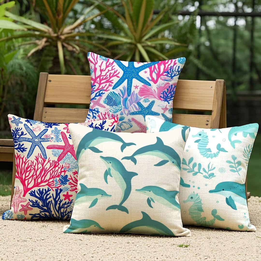 Fundas Cojines 40x40 cm Exterior Cojines Coral Fundas de Almohada Juego de 4, Cuadrados Funda Cojin Delfín Almohadas con Cremallera, Sofa Cama Decorativos para Hogar, Jardín, Salón y Dormitorio Ym463
