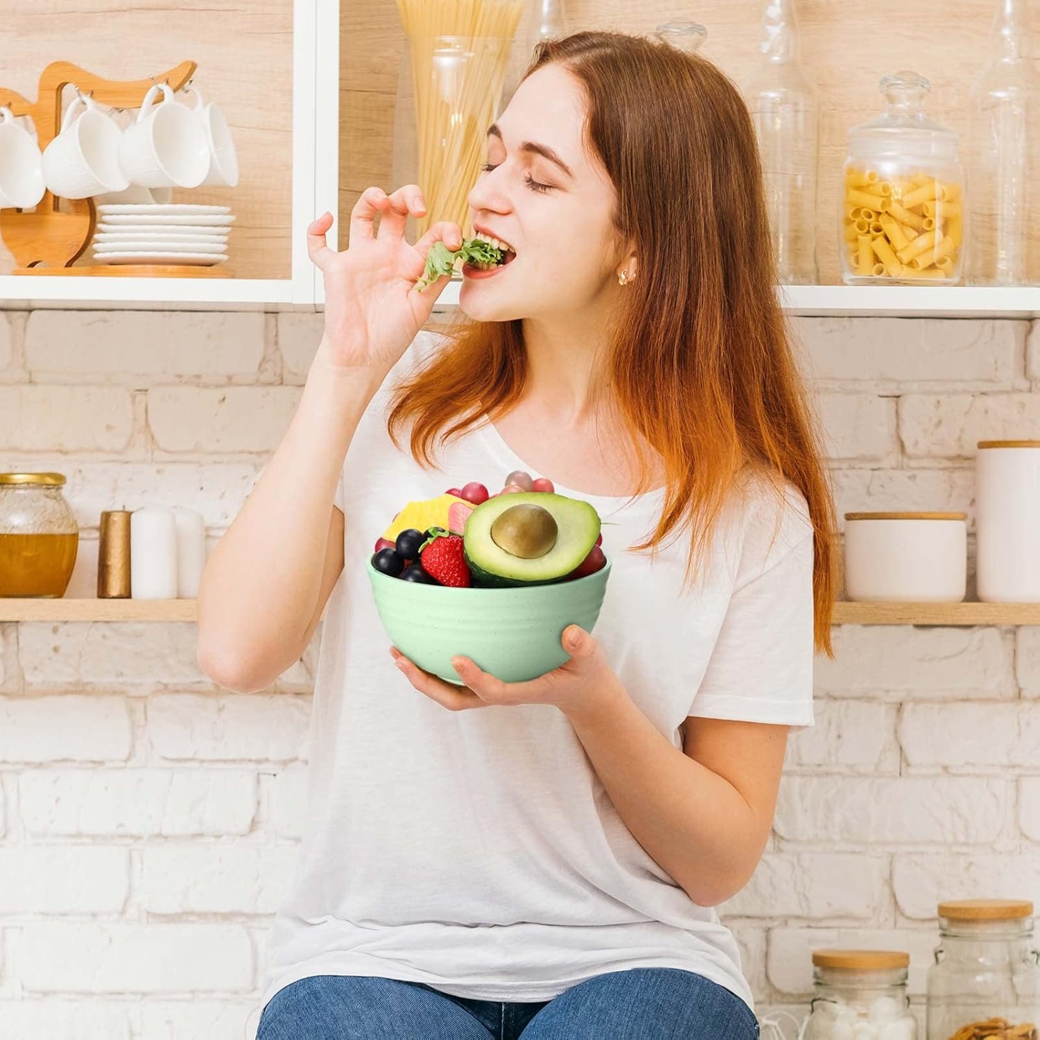 Eccliy 24 Pcs Wheat Straw Bowl Sets, Unbreakable Cereal Bowl 24 oz, Microwave and Dishwasher Safe Bowls for Cereal, Salad, Snack and Soup, Winter Style(Pink, Mint Green, Blue, Beige)