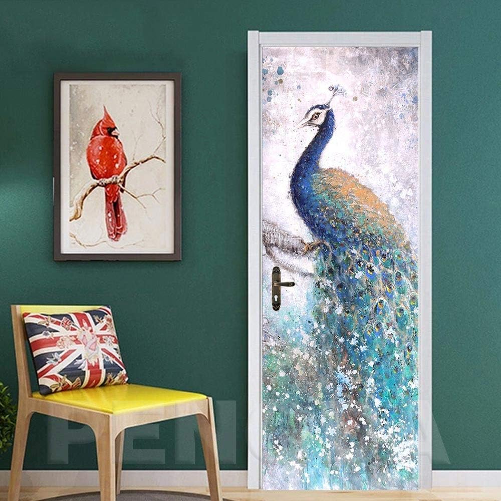 YIER LIFE Etiqueta De Puerta 3D Mural De Arte Carteles Pegatina Pintura al óleo colorido hermoso pavo real 77X200CM Puerta Pegatina Murales PVC Papel Pintado Autoadhesivo CalcomaníAs ArtíSticas Sala D