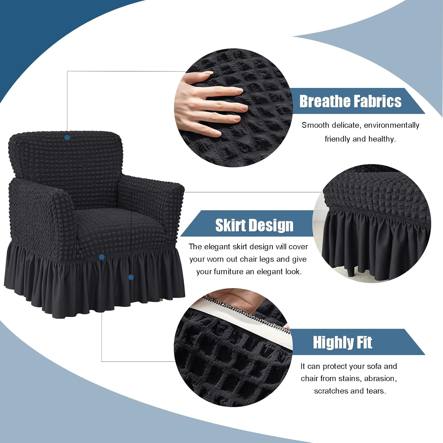Stretch Seersucker Armchair Slipcovers with Skirt, 1-Piece Chair Cover with Arms, Soft Stretch Accent Chair Slipcovers, Non-Slip Washable Furniture Protector for Living Room Decor (Black)