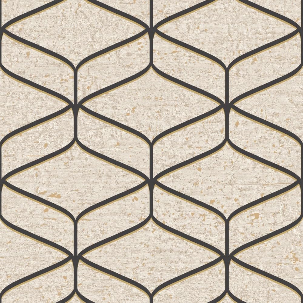 Belgravia Linear Concrete Cream Black Wallpaper Metallic Gold Detail Stylish