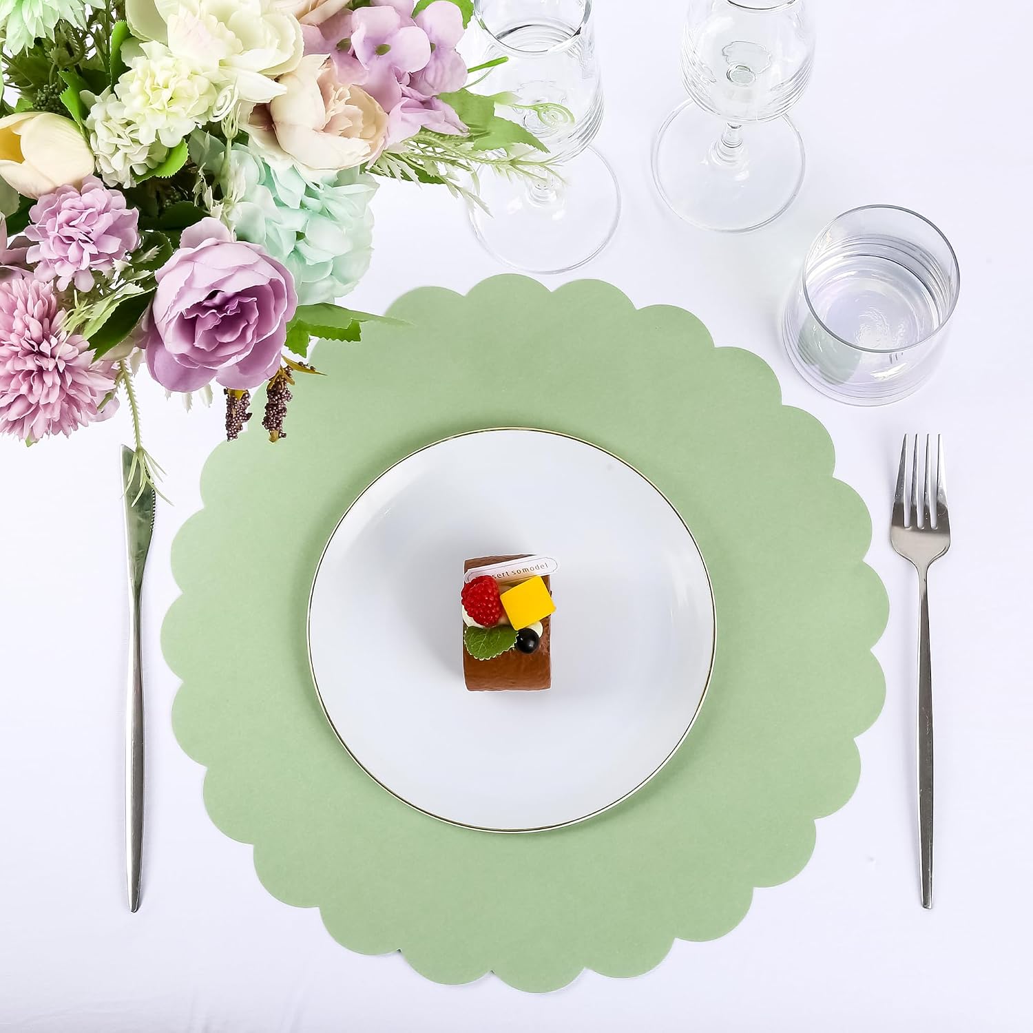 48Pcs Sage Green Scalloped Paper Placemats Gradient Green Paper Cutout | 4 Colors, 13 Inch, Disposable Place Mat for Wedding Banquet Birthday Tea Party Supplies