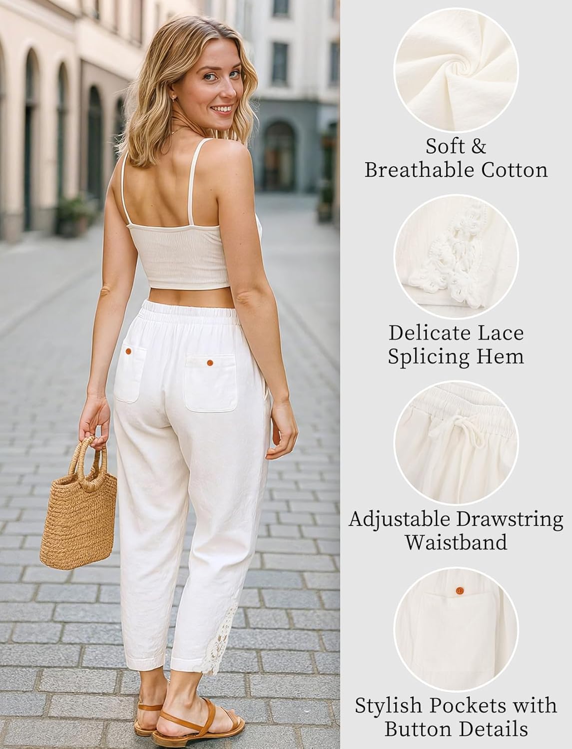 Linen Pants for Women Lace Spliced Embroidery Drawstring Elastic Waist Trouser Cotton Linen Casual Summer Loose Lounge Pants - Image 3