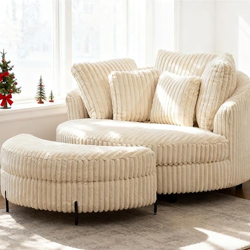 Chifee & Vingol 59.8" W Oversized Accent Round Chair Large Barrel Chair with Ottoman & Movable Wheels & 5 Pillows, Faux Fur Fabric - Beige