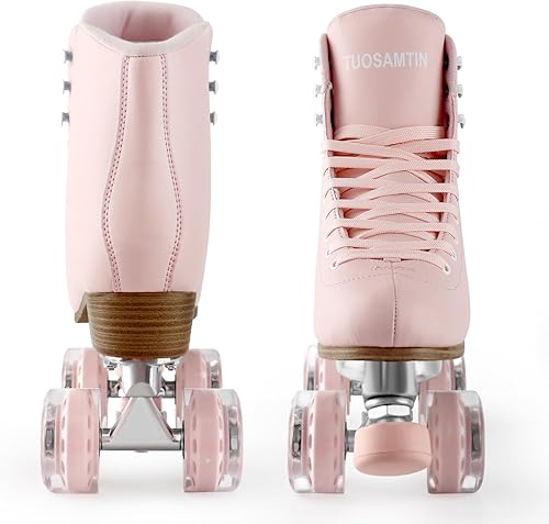 Miniatura 6 de Patines TUOSAMTÍN para mujeres y niñas con topes de goma ajustables en altura, lindos patines retro cuádruples para exteriores e interiores Rosa