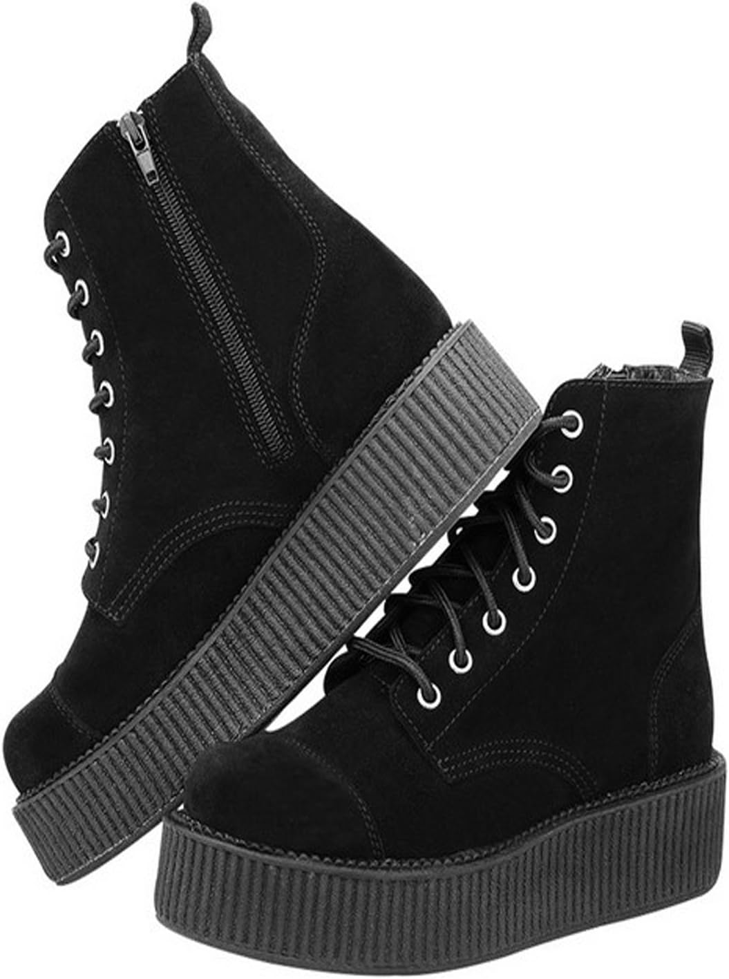 T.U.K. Black Suede Viva Mondo Creeper Boots for Women, 7 Eye Lace Up Combat Boot