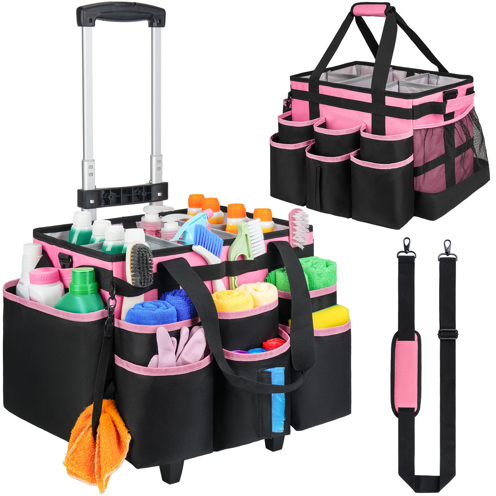 Photo 1 of ZIOZERTT Large Rolling Cleaning Caddy Bag with Detachable Trolley,Cleaning Cart on Wheels with Shoulder Strap,Cleaning Supplies Organizer for Housekeepers,PInk
