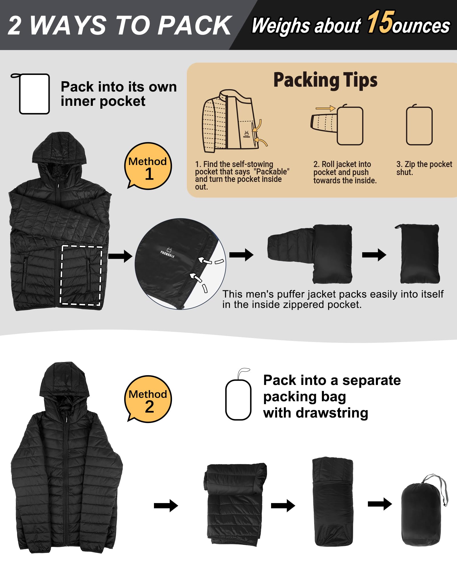 Outdoor Ventures Veste matelassée imperméable pour homme - Veste à capuche légère et imperméable - Avec poches