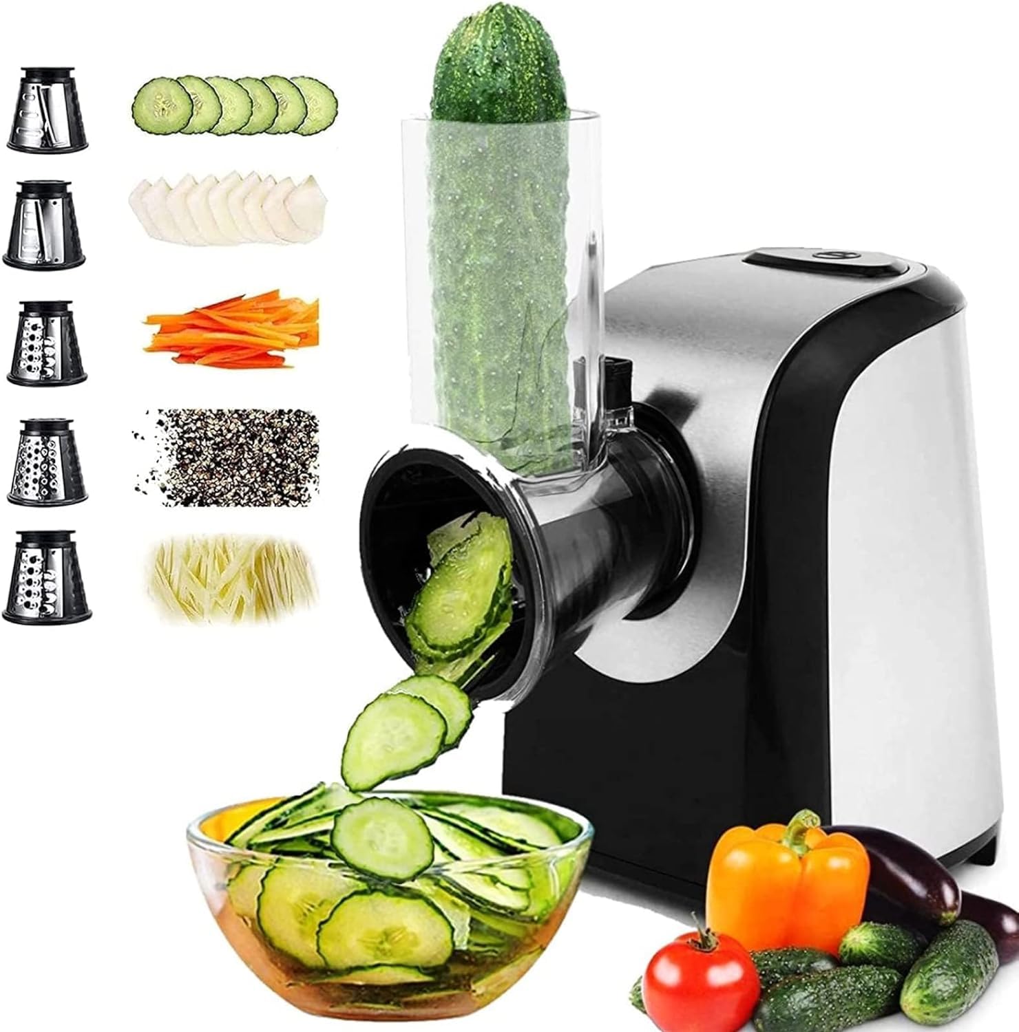 Grattugia Elettrica Professionale 5-in-1, 150W Affettaverdure Multifunzione con Tamburi in Acciaio Inox per Carote, Patate, Formaggio, Frutta e Insalata