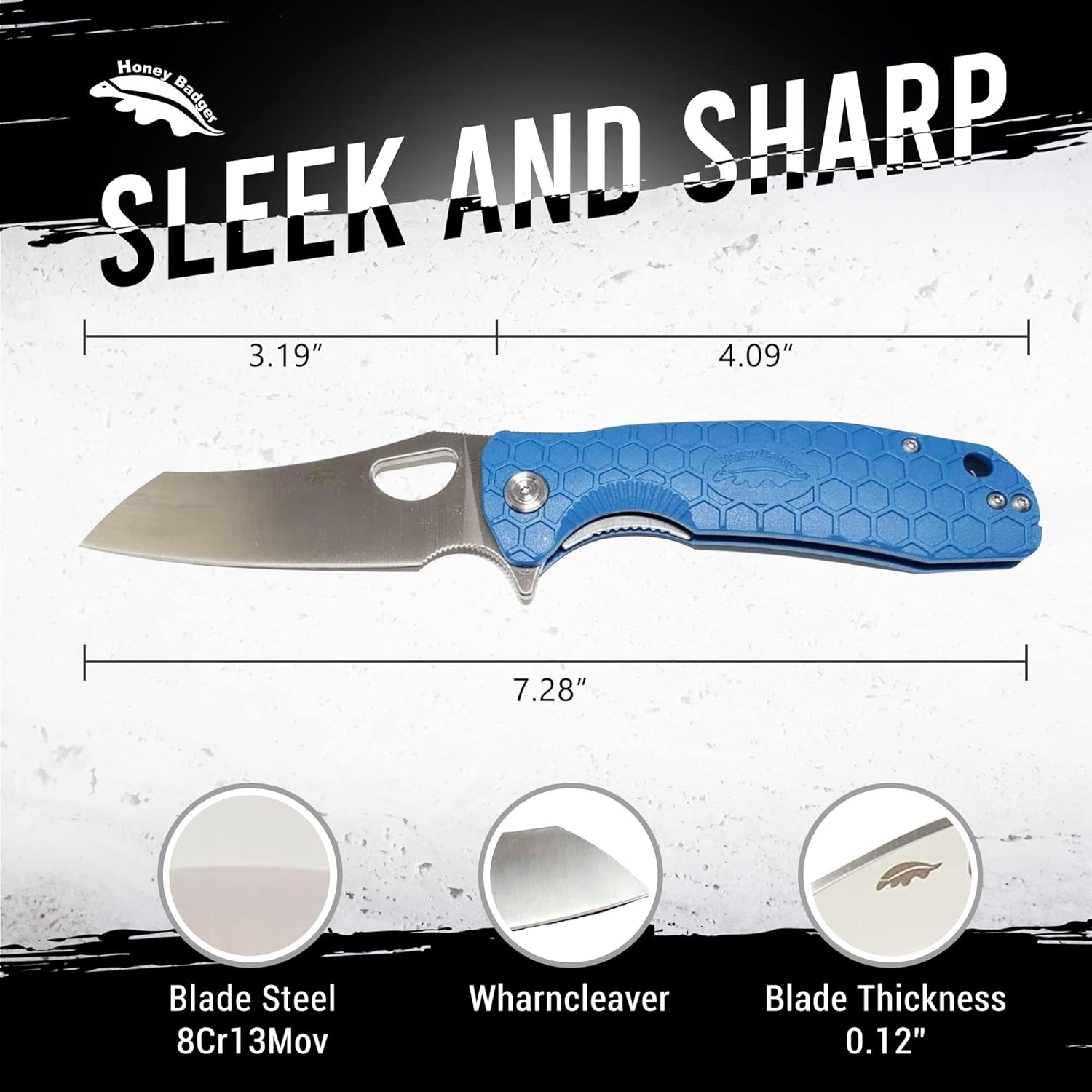 Honey Badger Knife - Flipper Wharncleaver Pocket Knife, EDC Hunting with 3.6" Steel Blade, Nylon+Glass Fiber Handle & Reversible Pocket Clip Medium Blue D2 HB1164