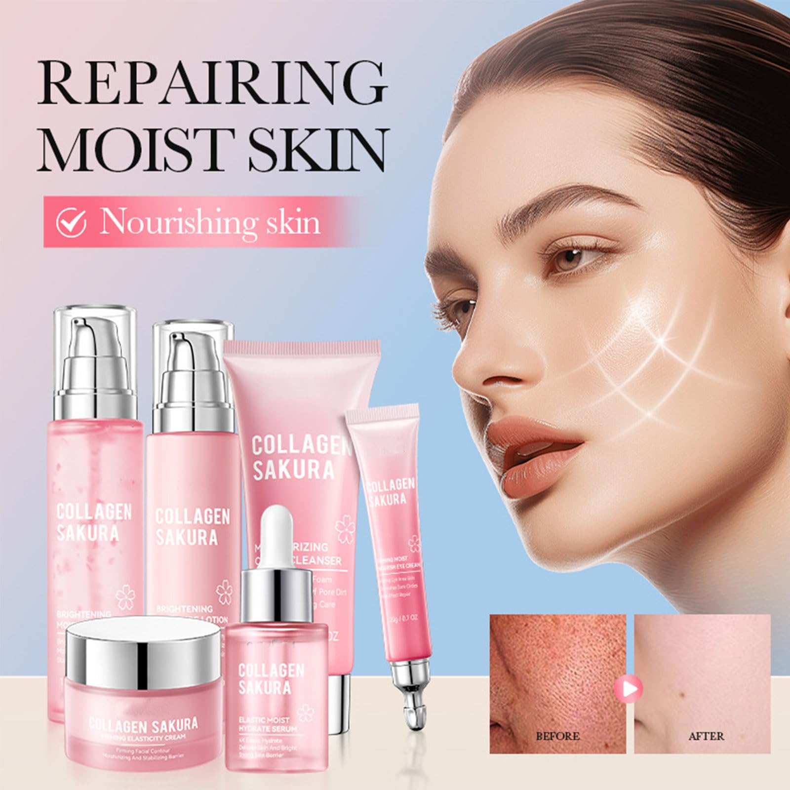 Kirschblüten-Hautpflege-Set, Kollagen-Kirschblüten-Geschenk-Set, Hautpflege für Teenager, Mädchen und Frauen, 6-teiliges Gesichtspflege-Set mit Reiniger, Toner, Lotion, Gesichtscreme, Augencreme