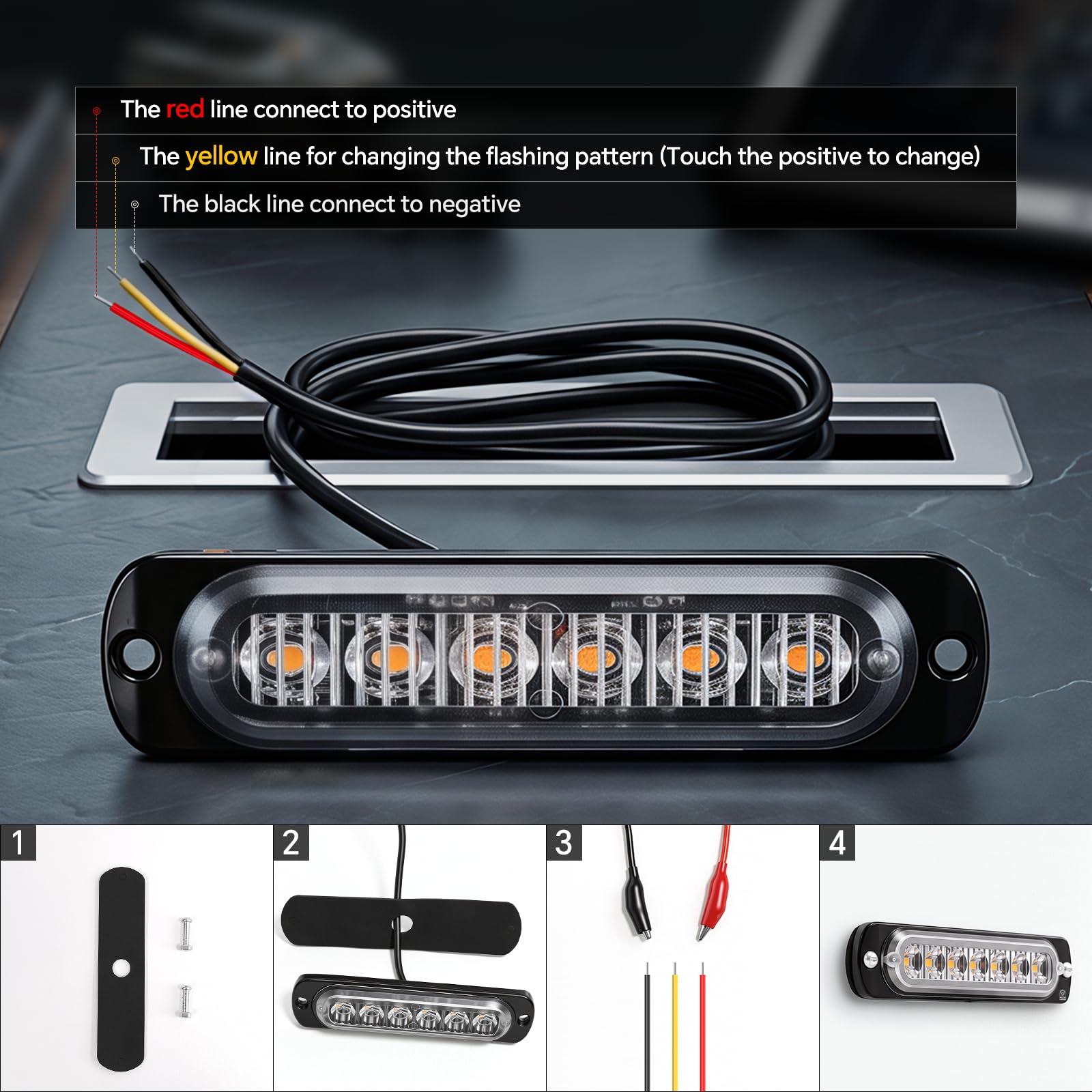 Defvnsy - Pack de 4 - Lumière stroboscopique ultra mince ambre à 6 LED - Barre lumineuse à LED Mini barre lumineuse d'urgence 18 Mode clignotant 12V-24V pour véhicule ou camion universel