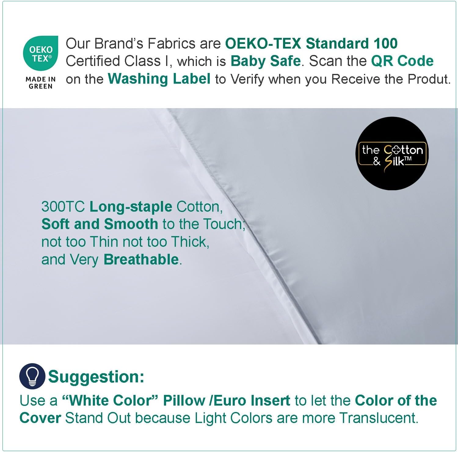 THE COTTON & SILK®️ 100% Luxury Long-Staple Cotton Pillow Sham/Pillowcase, Set of 2, with Envelope Closure on The Back, White + Misty Blue, Standard/Full Size - Image 5